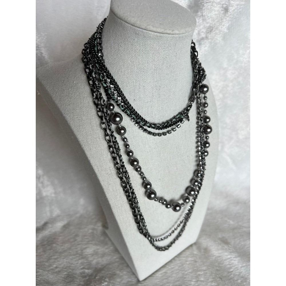 J Crew Layered Necklace Silver Beaded & Chain Rhinestone Multi Strand Waterfall